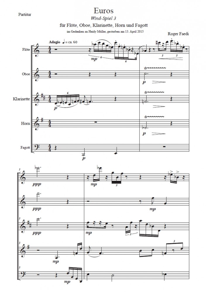 Euros, op. 55, für Flöte, Oboe, Klarinette, Horn und Fagott