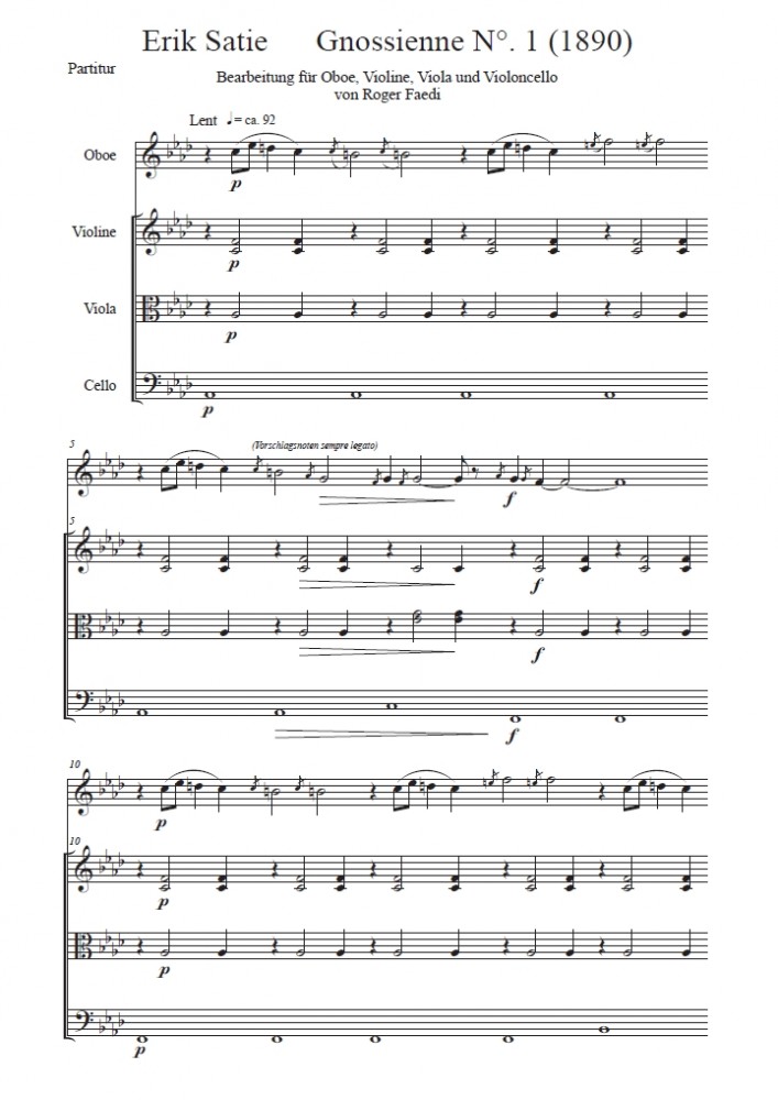 Gnossienne Nr. 1, op. 46, arrangiert für Oboe (Klarinette), Violine, Bratsche und Violoncello