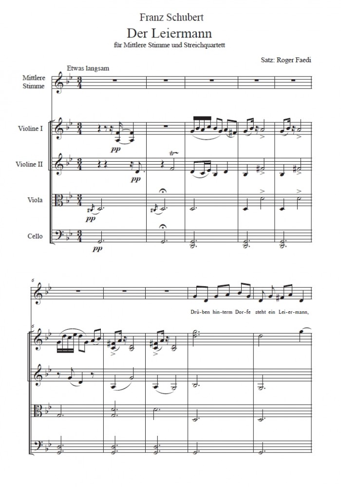 Der Leiermann, op. 89, bearbeitung für Mittlere Stimme und Streichquartett